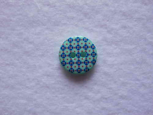 2-Loch-Knopf mintgrün mit blau-rotem Ornament, 15mm