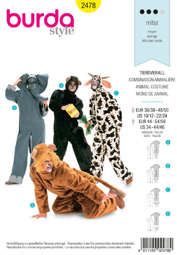 Schnittmuster Nr. 2478 "Tieroverall", Kostüm für Erwachsene, Gr. 36 bis 50