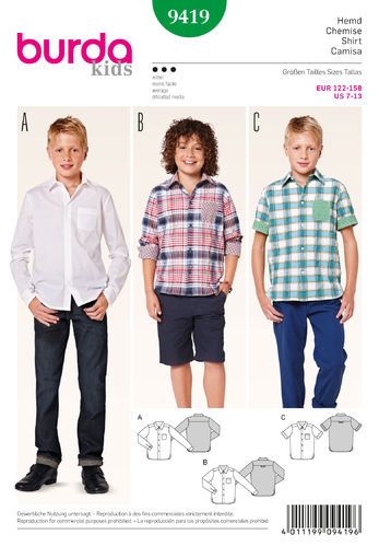 Schnittmuster Nr. 9419 Jungen-Hemd, 3 Varianten, Gr. 122 bis 158